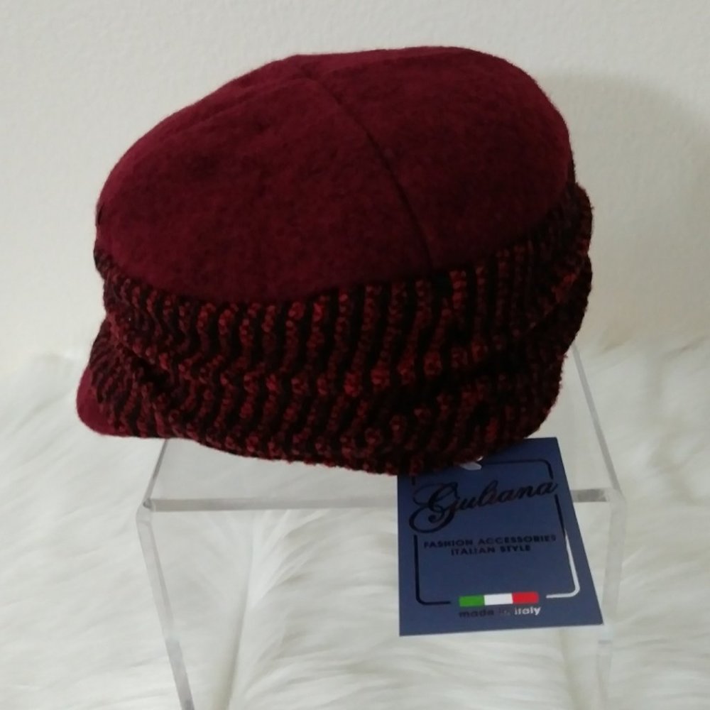 SOLD Giuliana Women's Newsboy w Flower Hat Burgundy 50% Wool Cap Italy - Picture 3 of 16